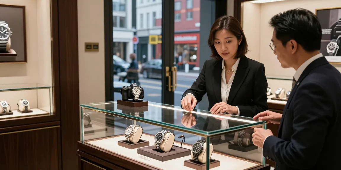 Luxury replica watches displayed in a boutique with engaged customer and elegant atmosphere.